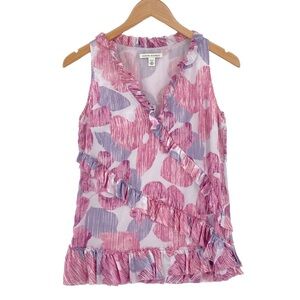 Banana Republic Tank Top Womens Sz Small Multi Floral 100% Silk Ruffle V Neck